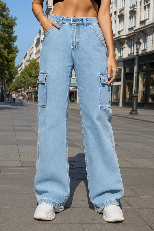 Zara Light Blue High-Waisted Cargo Jeans