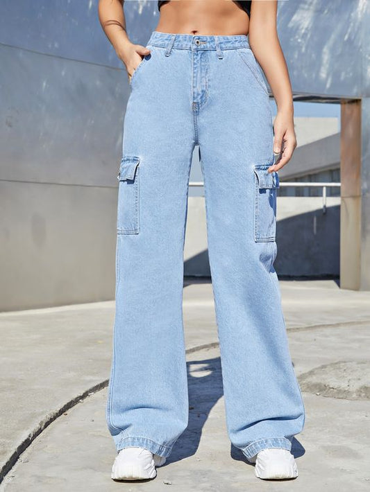 MANGO Light Blue High-Waisted Cargo Wide-Leg Jeans