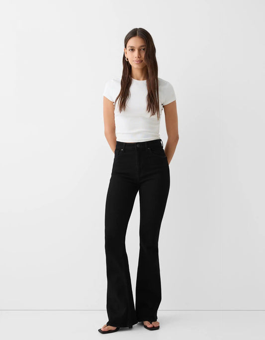 Zara Pure Black High-Waisted Flare Jeans