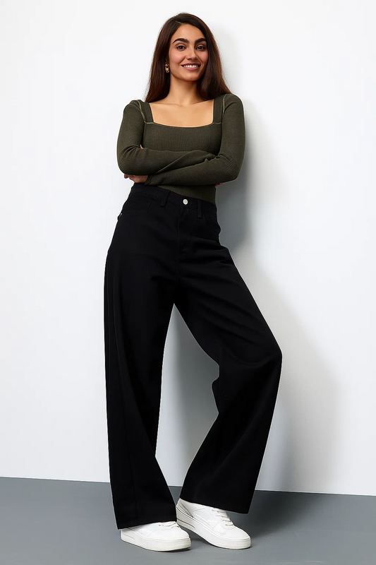 ZARA Faded Black High-Waist Wide-Leg Jeans.